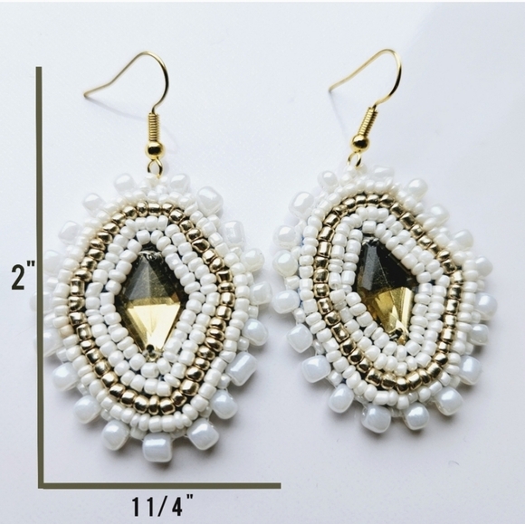 2/$27 | White + Gold Beaded Bohemian Indigenous Native Hoop Earrings | Handmade - Picture 5 of 8